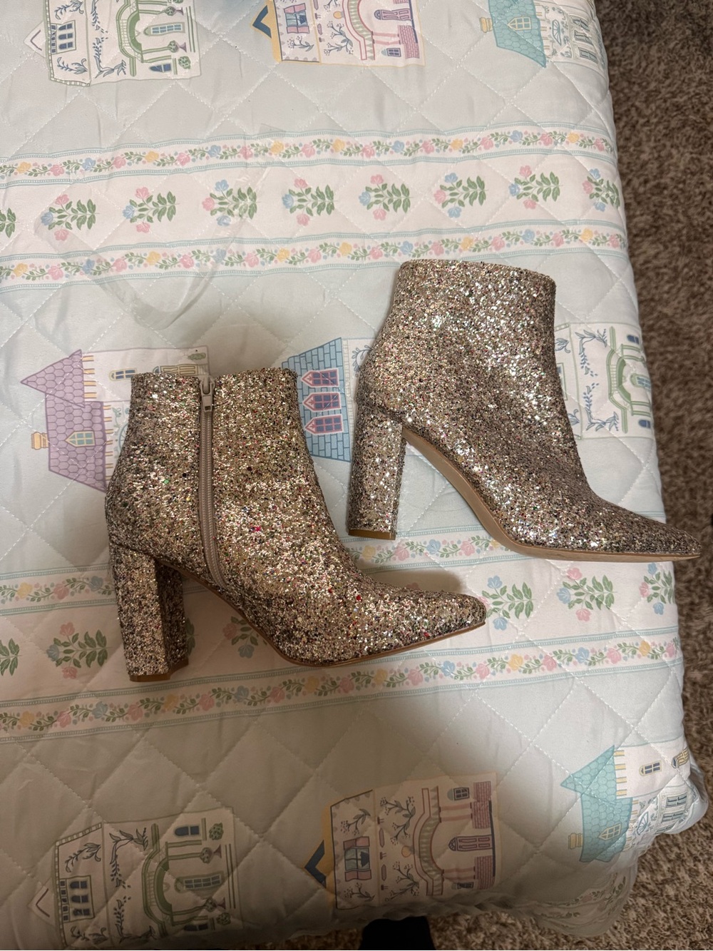 Allegra K Gold Glitter Chunky Heel Ankle Boots
